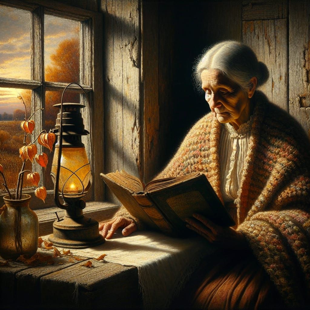 Hispanic Woman Reading Prayer Book in Antique Style