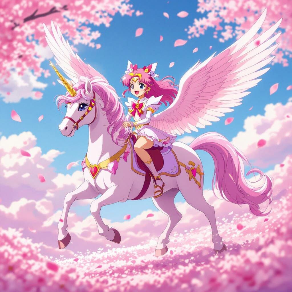 Sakura Kinomoto Rides a Winged Unicorn Through Cherry Blosso...