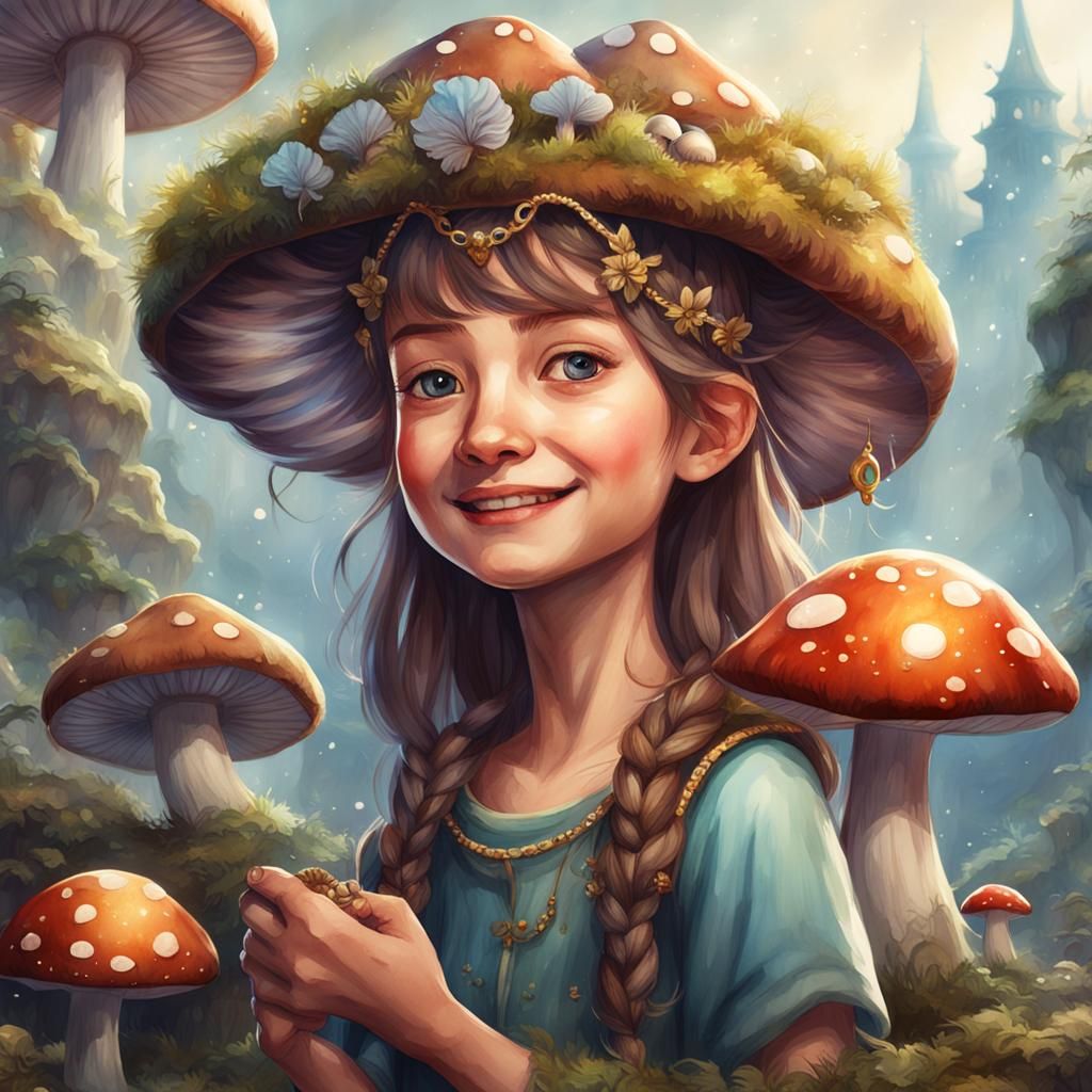 Happy Girl in Mushroom Kingdom Watercolor