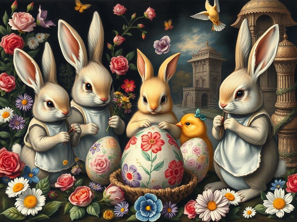 Bunnies Painting Easter Eggs in Renaissance Style