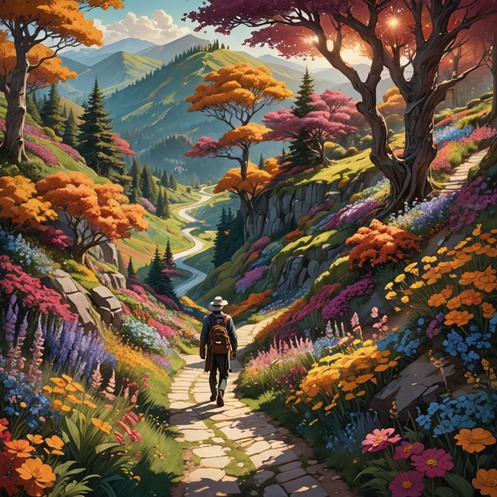 Fantasy Traveler on Vibrant Path in Sunlight