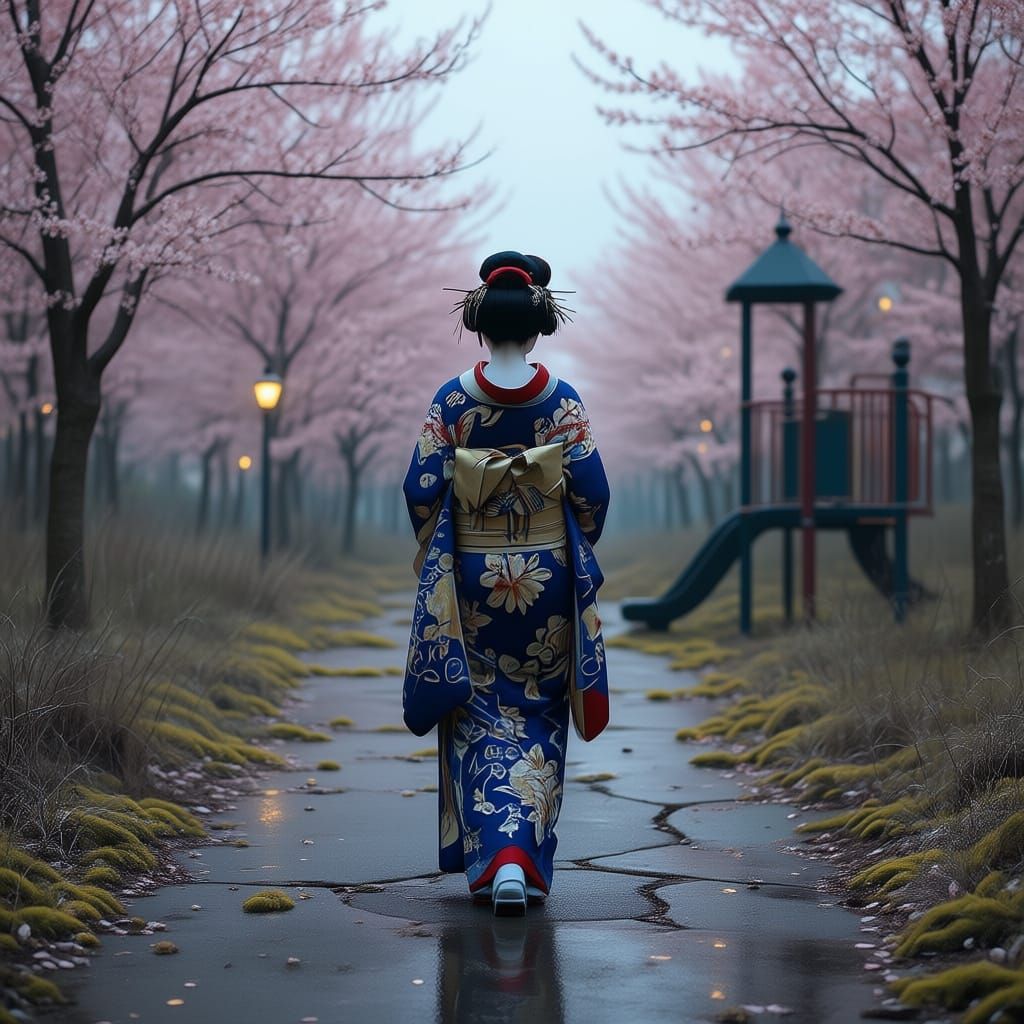 Geisha in Overgrown Urban Park at Twilight