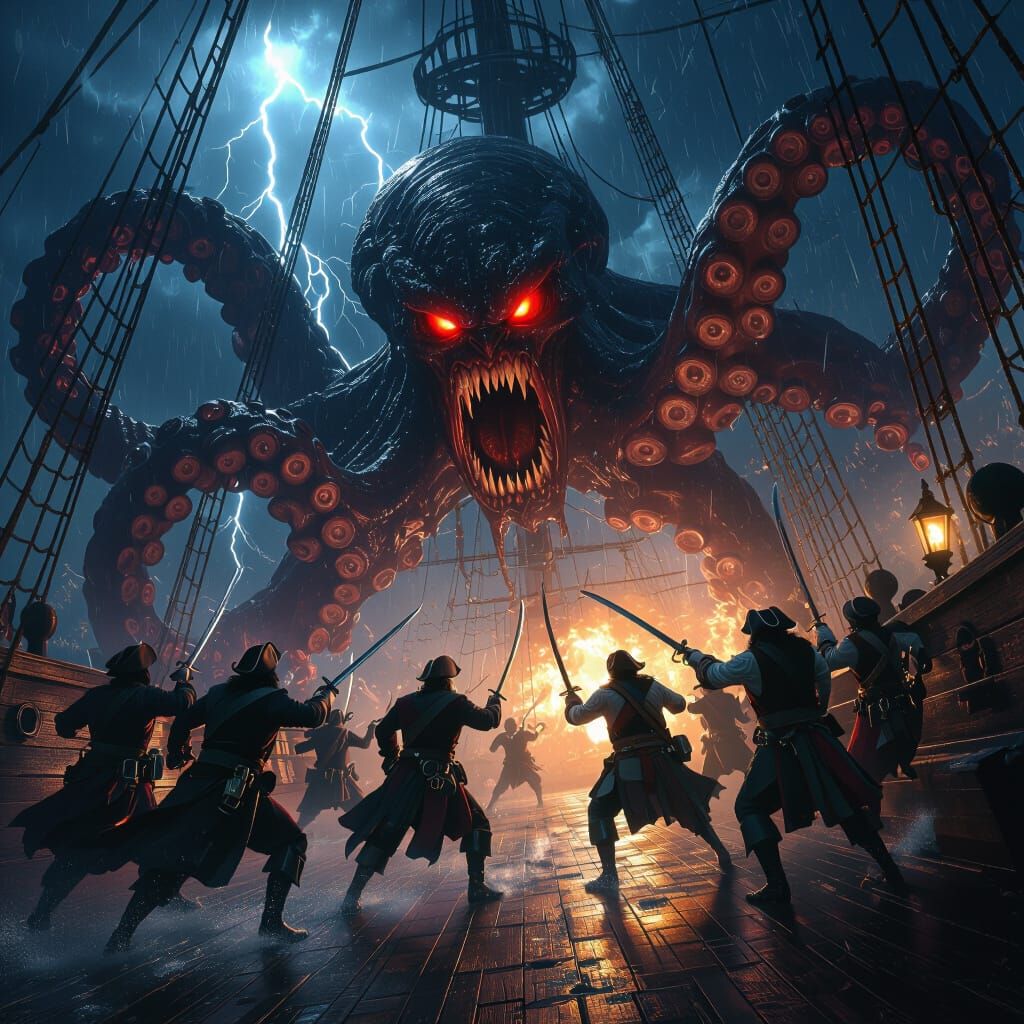 Pirates Battle Kraken on Stormy Night