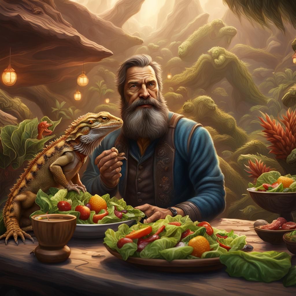 Man and Dragon Share Salad in Australia