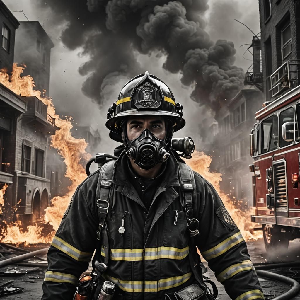 Latina Firefighter in Black and White Photo on Fire Scene