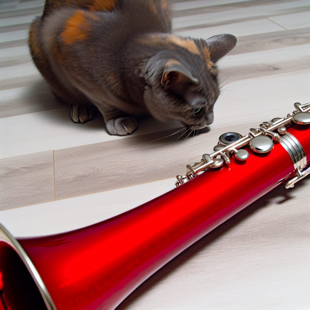 Cat Investigates Scarlet Bassoon Instrument