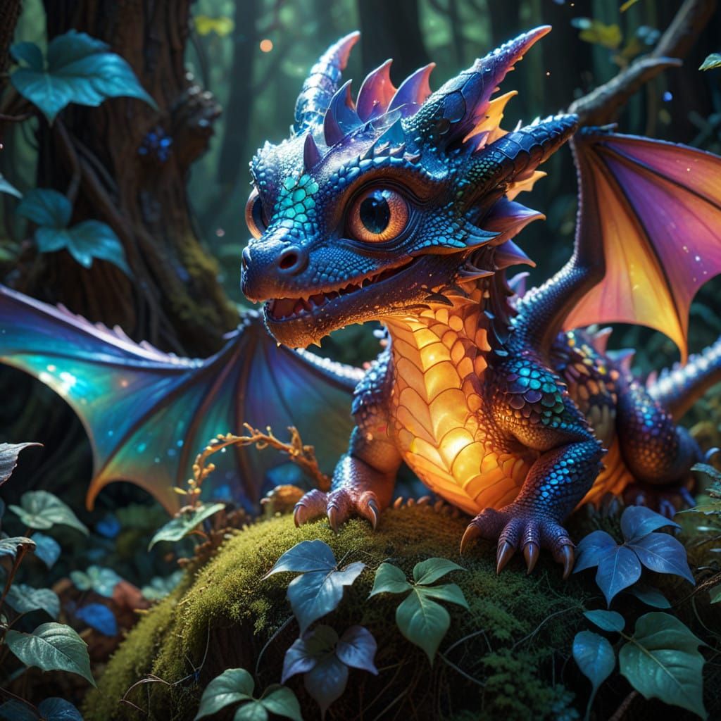 Baby Dragon with Iridescent Scales and Shining Eyes