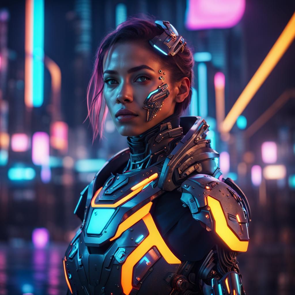 Cyborg Girl Portrait in Neon City, Cyberpunk Art