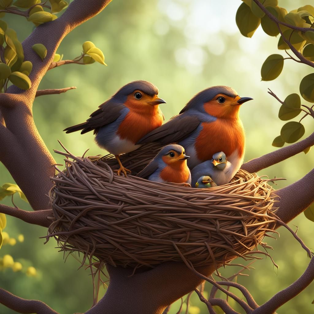 Mother Robin and Babies: Pixar-Style 3D Render