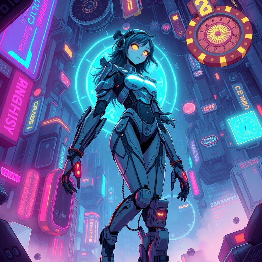 Steampunk Robot Woman in Cyberpunk Anime Illustration