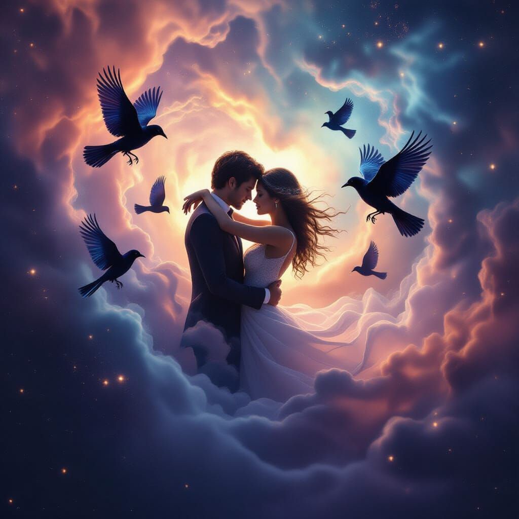Cosmic Lovers Embrace in Nebula, Ethereal Ravens Circle