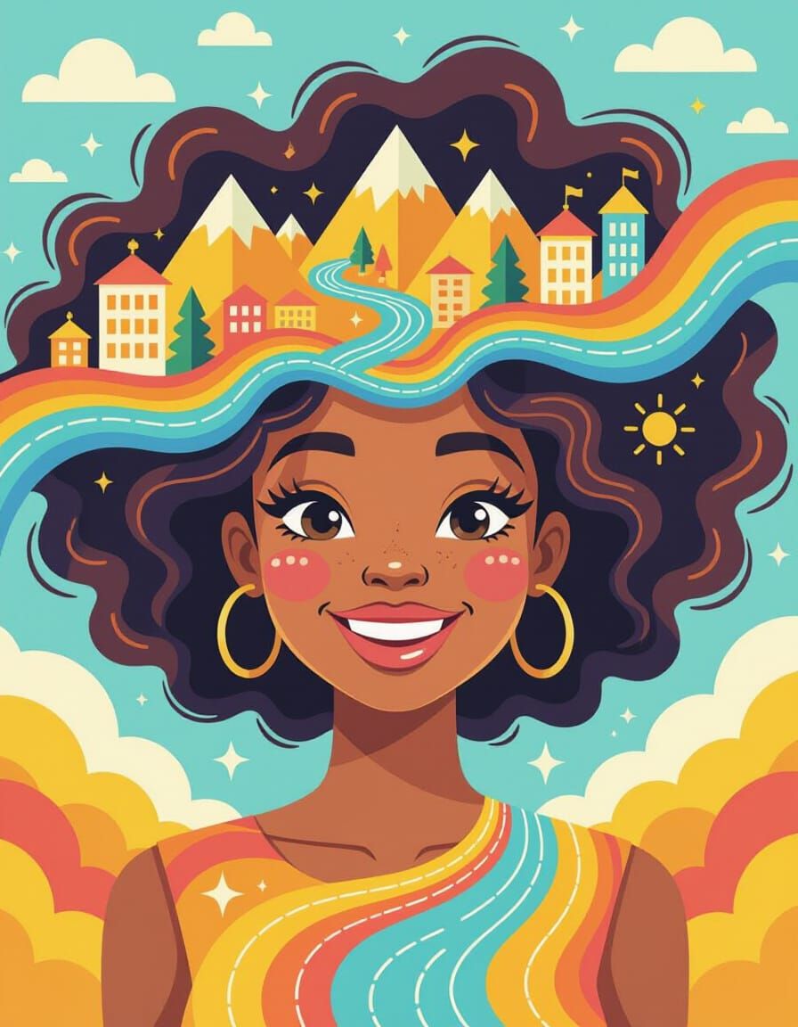 Whimsical Cartoon Portrait Filled with Dreamlike Landscape