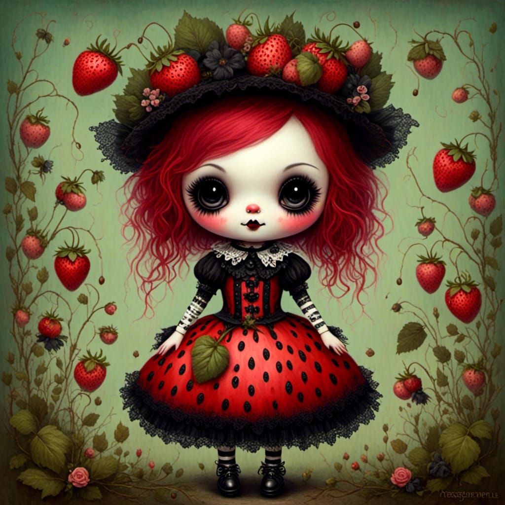 Antique Strawberry Doll in Surreal Gothic Oil Painting