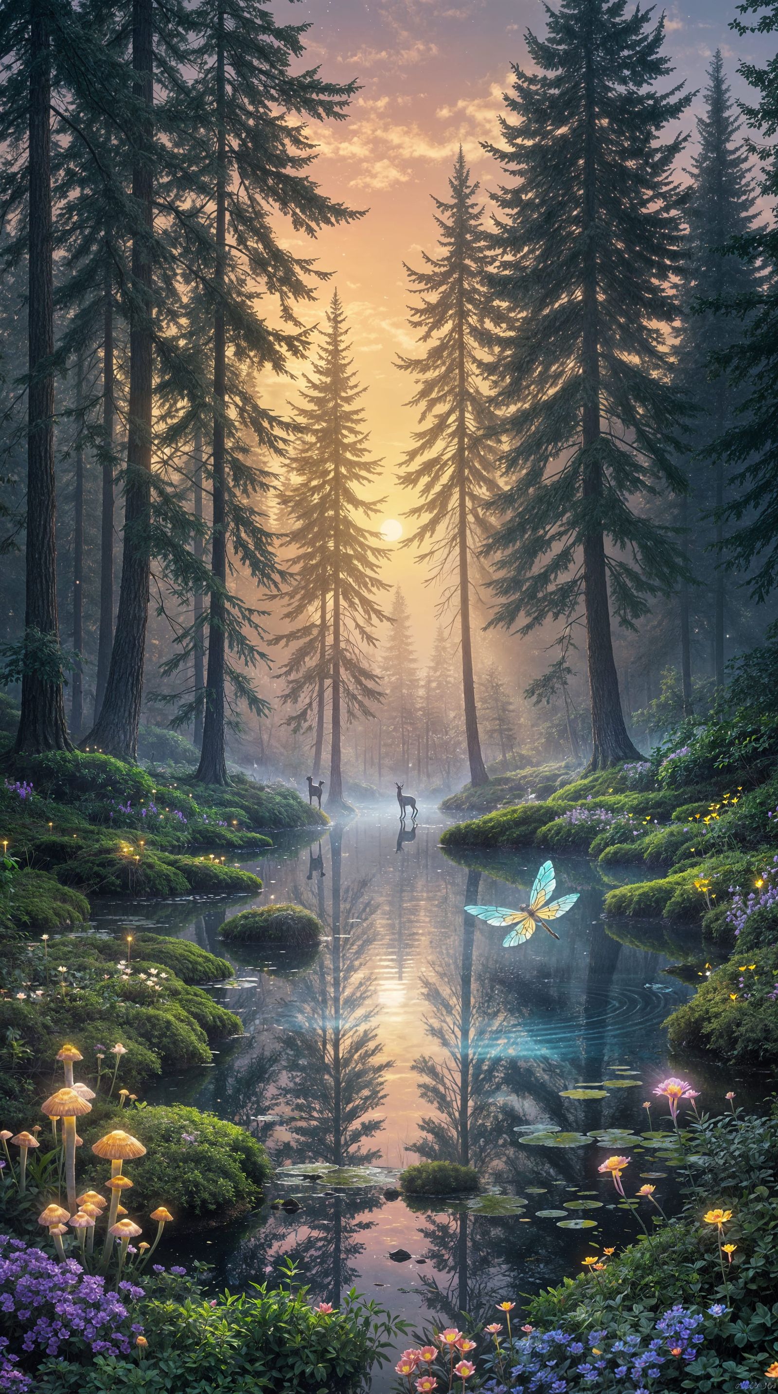 Twilight Forest Clearing with Bioluminescent Dragonfly