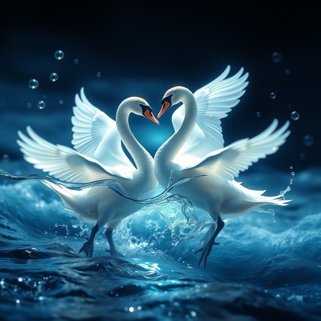 Double Exposure Swans Made of Water