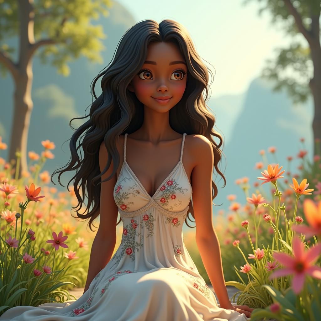 Young Woman in Garden: 3D Digital Art