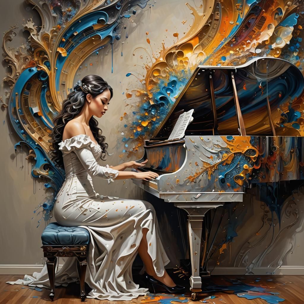 Hyperrealistic Oil Painting: Pianist Formed by Paint Splashe...