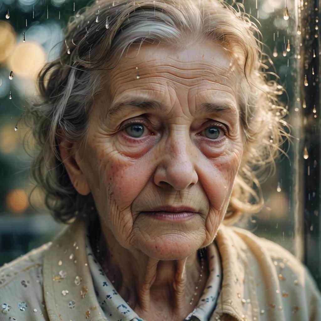 Dreamy Surrealism: Grandmother Watching Rain at Night
