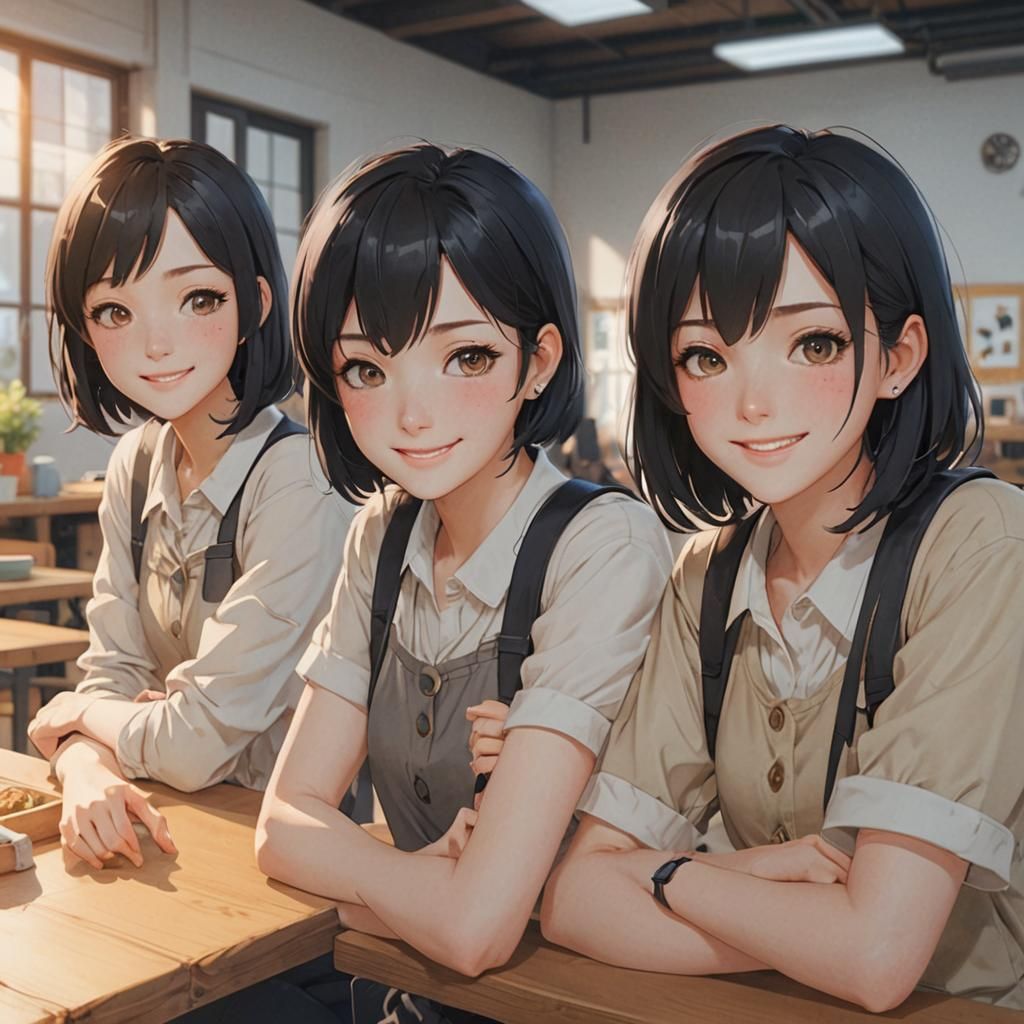 Anime Art of Three Smiling Girls in 3D