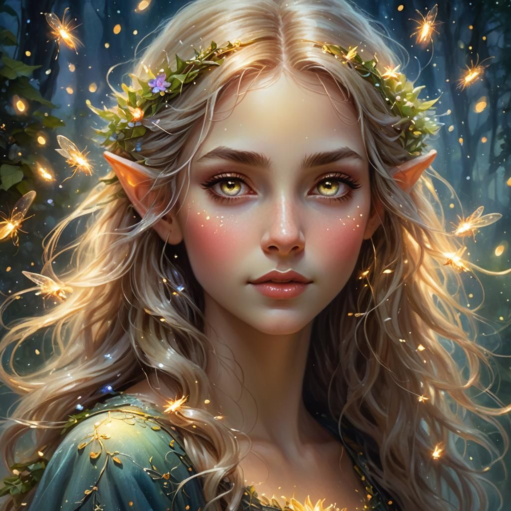 Ethereal Elf in Forest Under Northern Lights