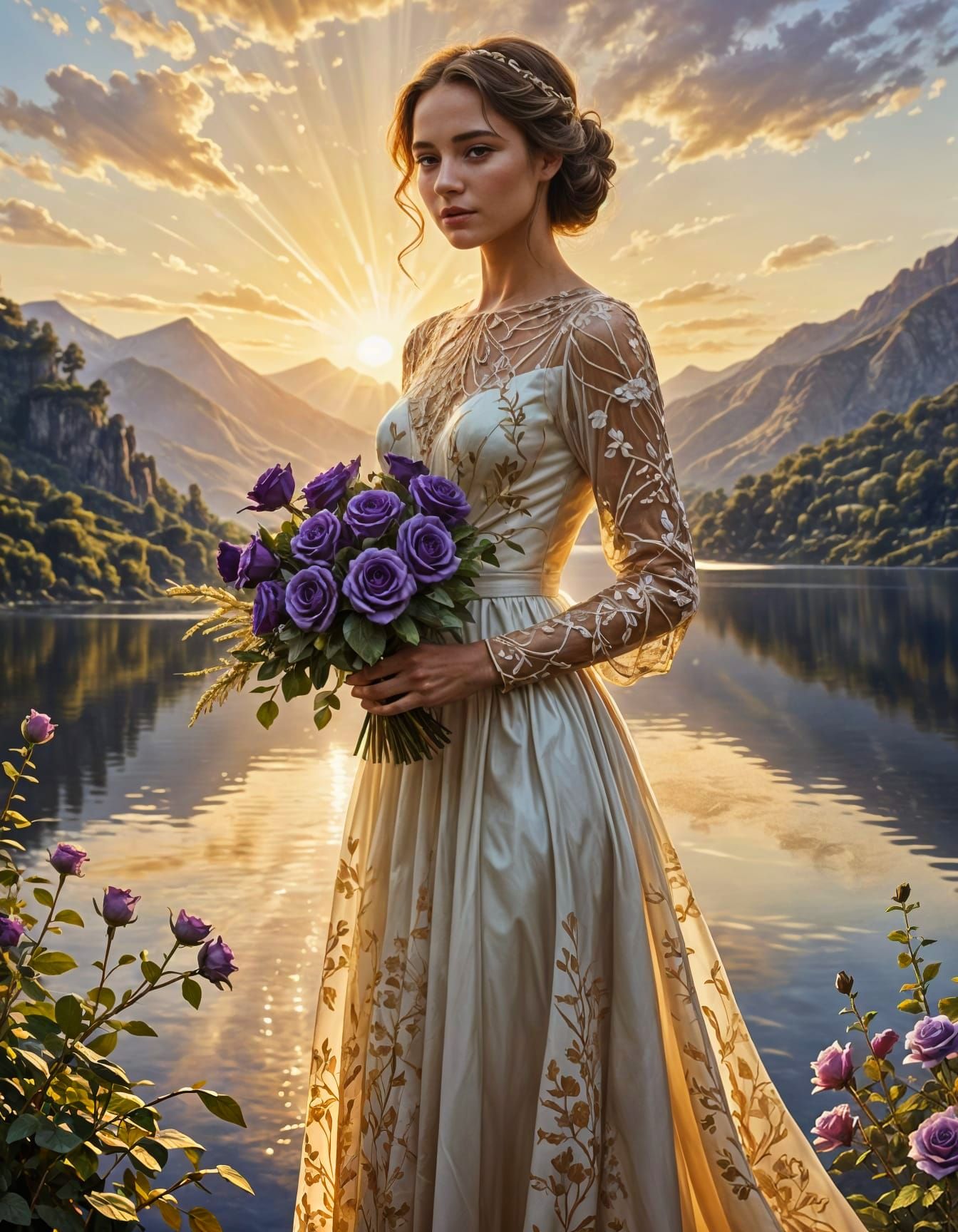 Elegant Lady with Golden Dress and Purple Roses in Dreamscap...