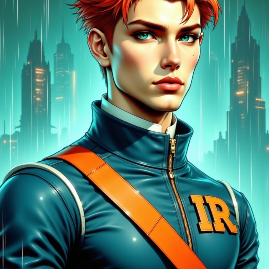 A gothic anime Cyberpunk John Tracy, red hair, turquoise eye...