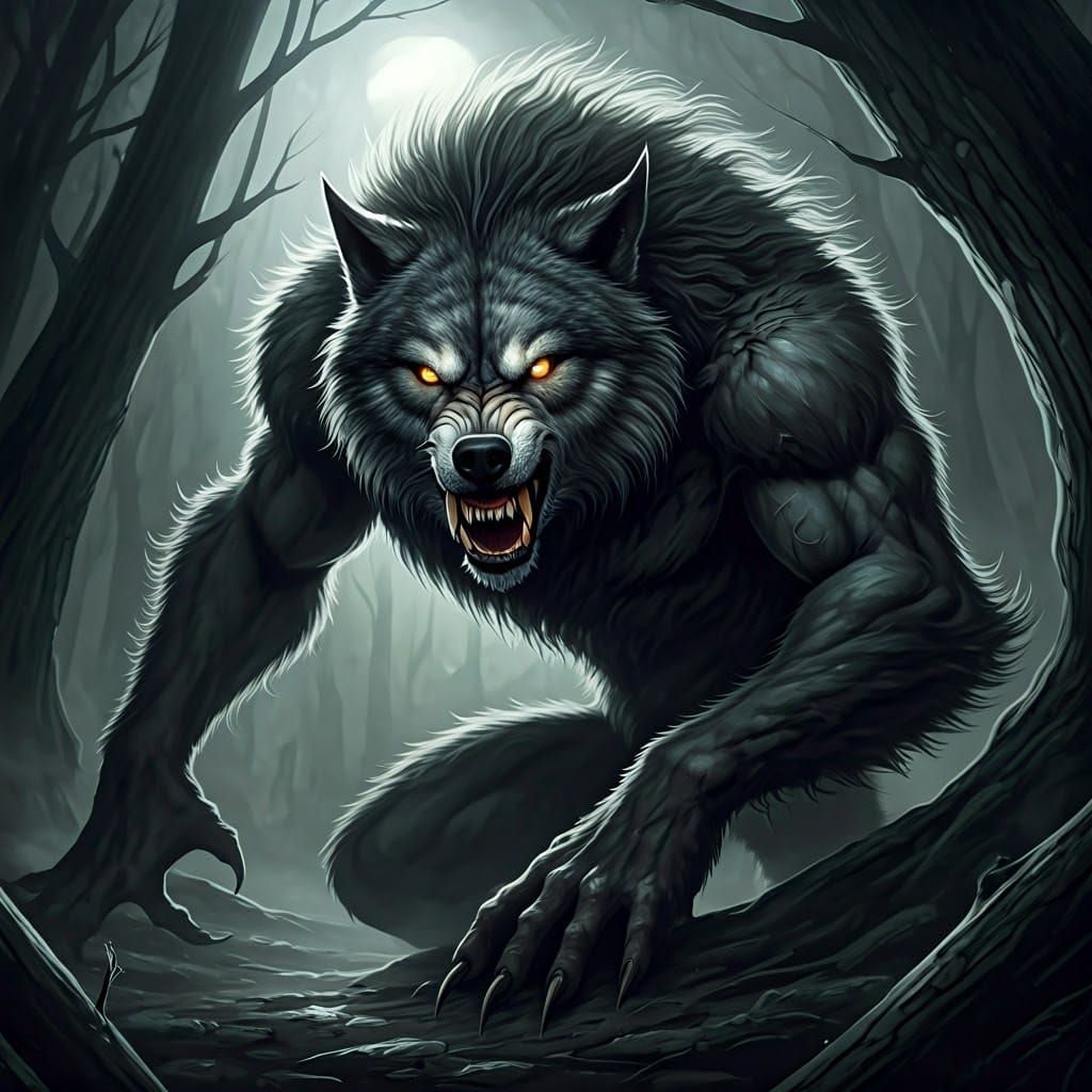 Majestic Werewolf Emerges from Moonlit Forest