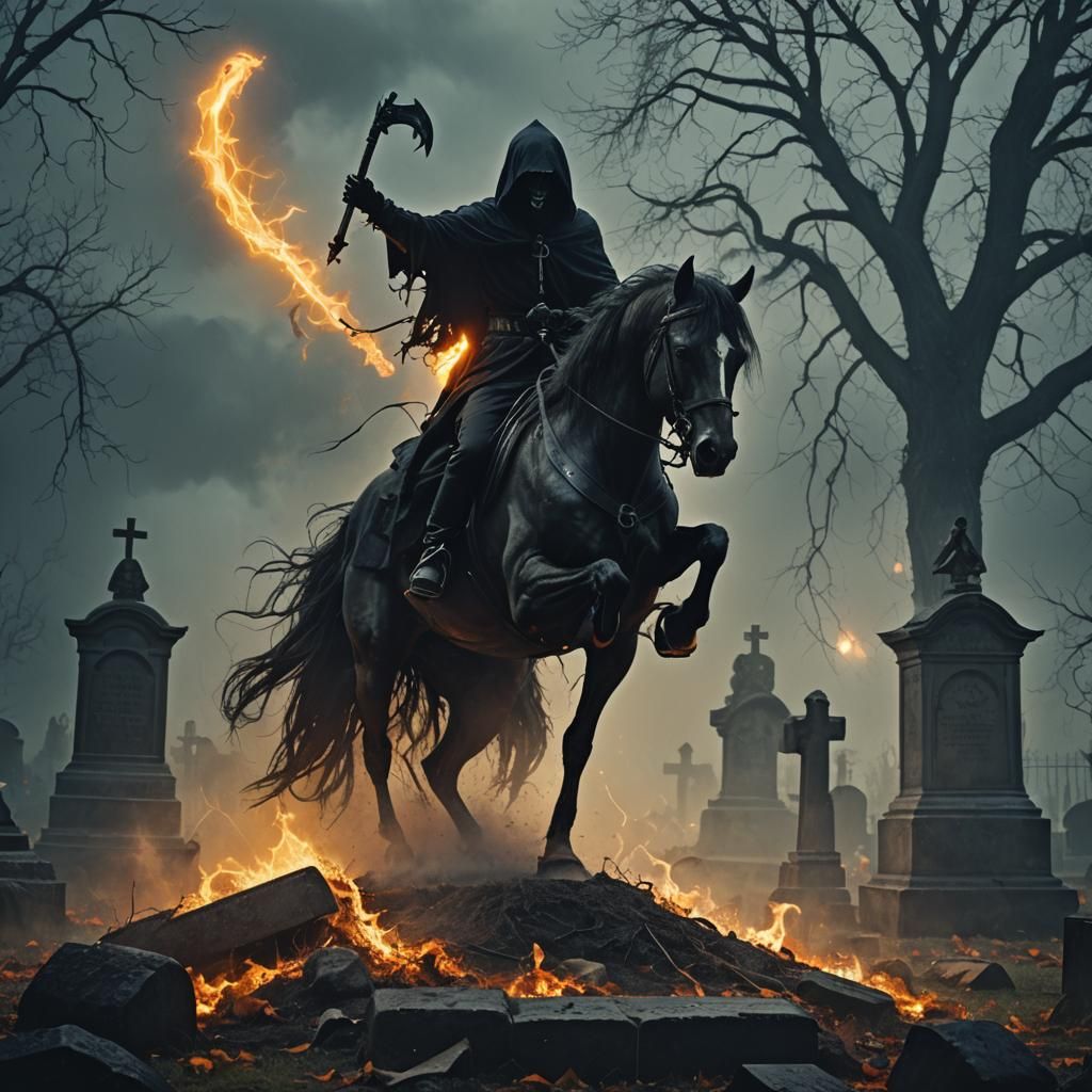 Grim Reaper on Horseback in Dark Cemetery