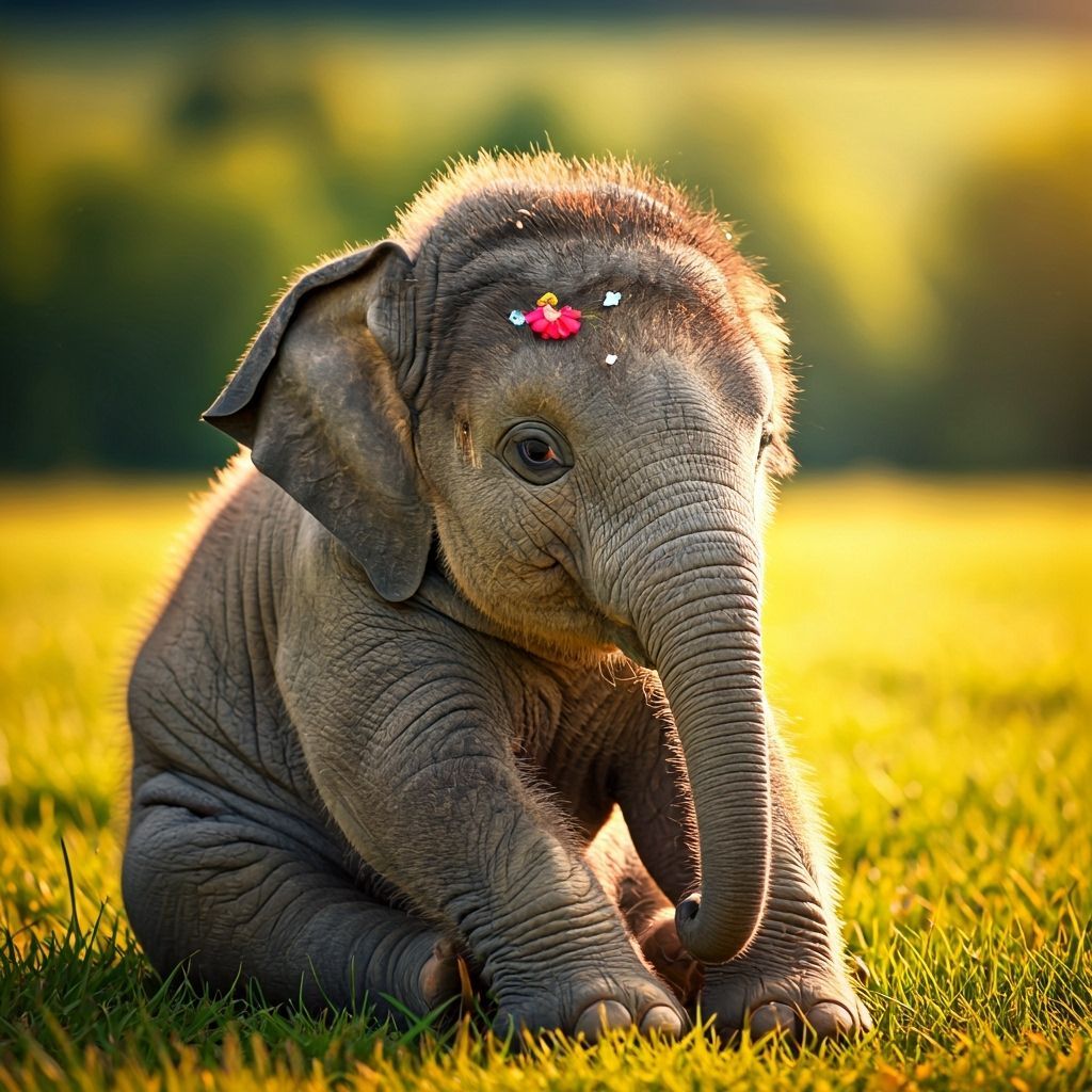 Adorable Fluffy Baby Elephant in Sunny Meadow