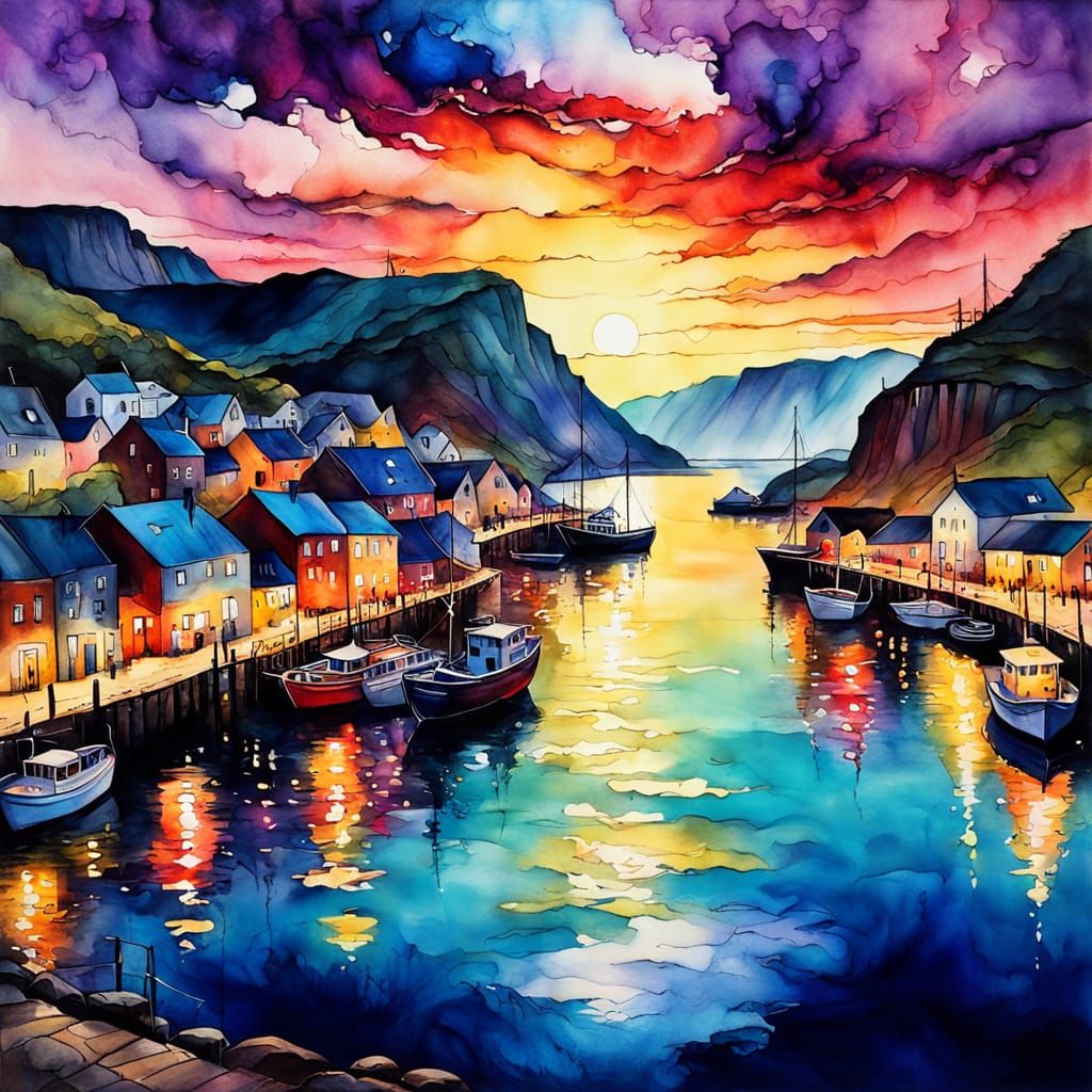 Vibrant Sunset Harbour in Ethereal Alcohol Ink