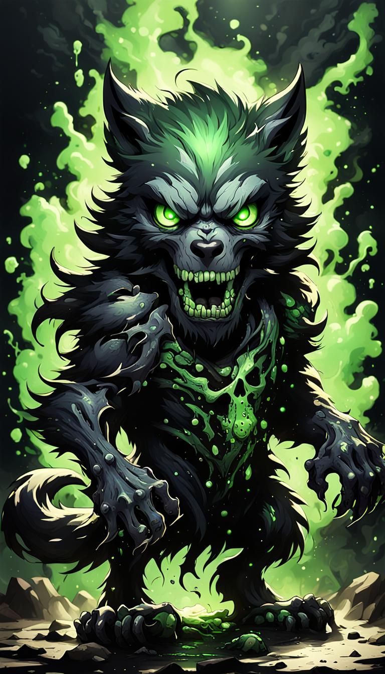Decayed Chibi Werewolf with Glowing Eyes in Dark Fantasy