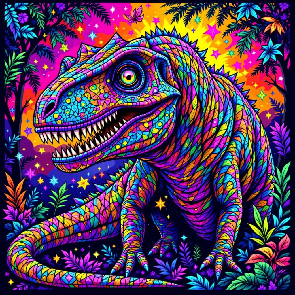 Kaleidoscope T-Rex with Zentangle Scales in Neon Jewel Tones