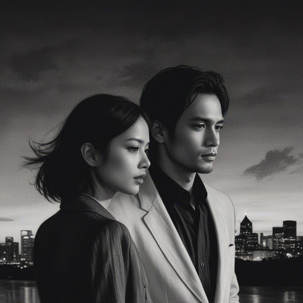 Twilight Sky with Silhouetted Figures in Elegant Charcoal Dr...