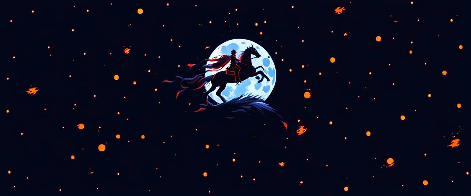 Dark Moon Knight on Flaming Horse, Anime Style