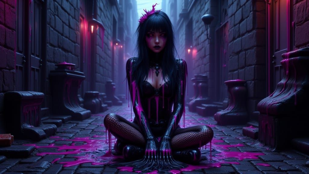 Melting Goth Girl in Dark Alley, Cyberpunk Art