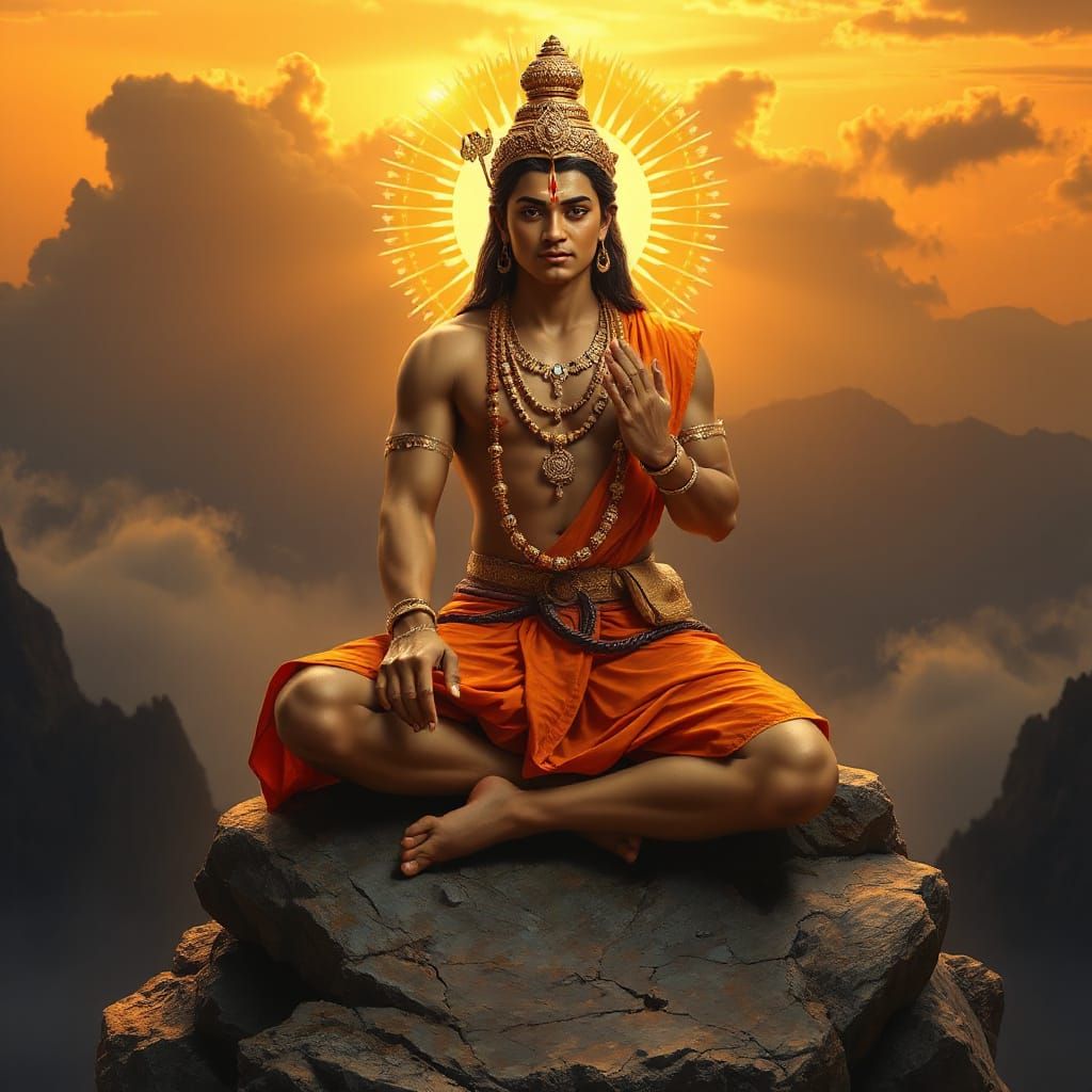 Hindu Deity in Saffron Robes with Golden Halo