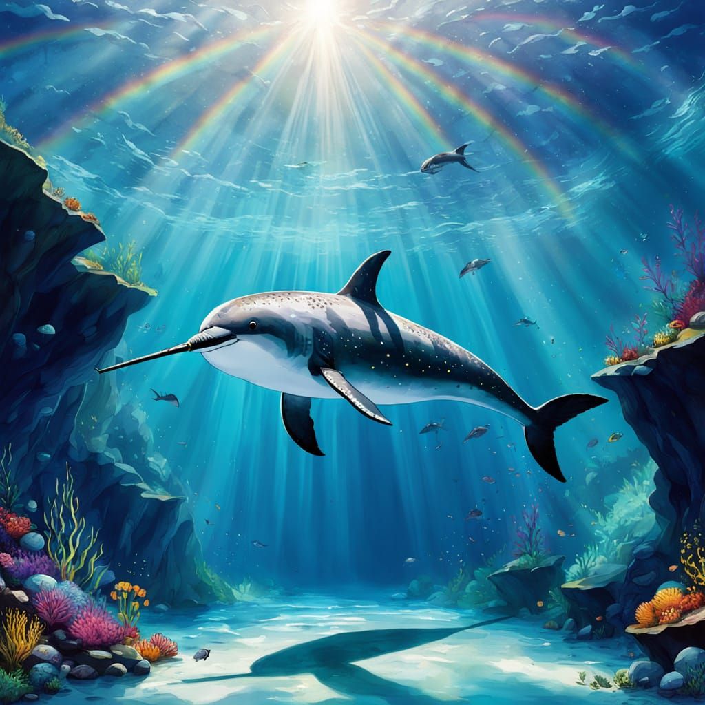 Narwhal in Ice Cave: Watercolor Underwater Scene