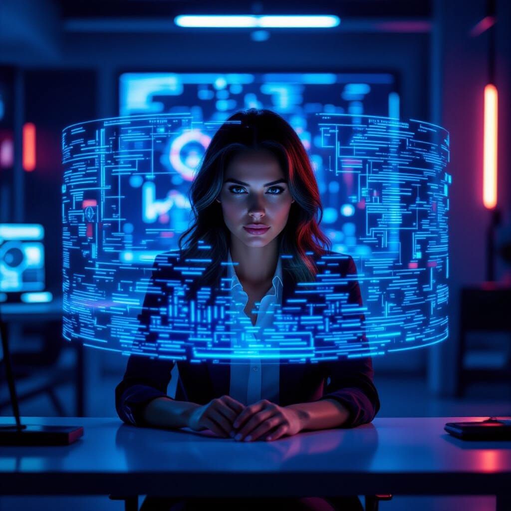 Woman Interacting with Holographic Data Stream in High-Tech ...