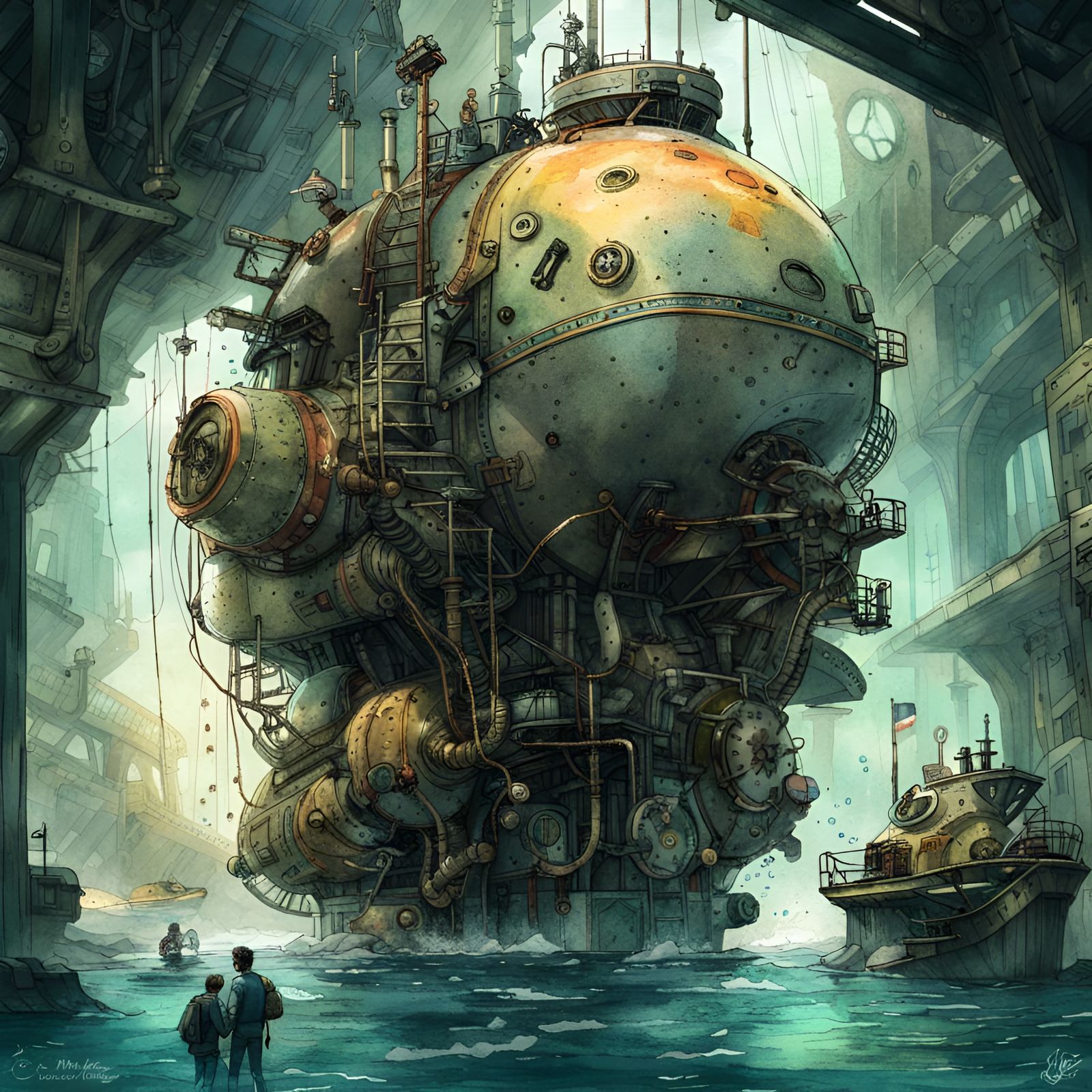 Jules Verne Style Mechanical Submarine Watercolor Painting