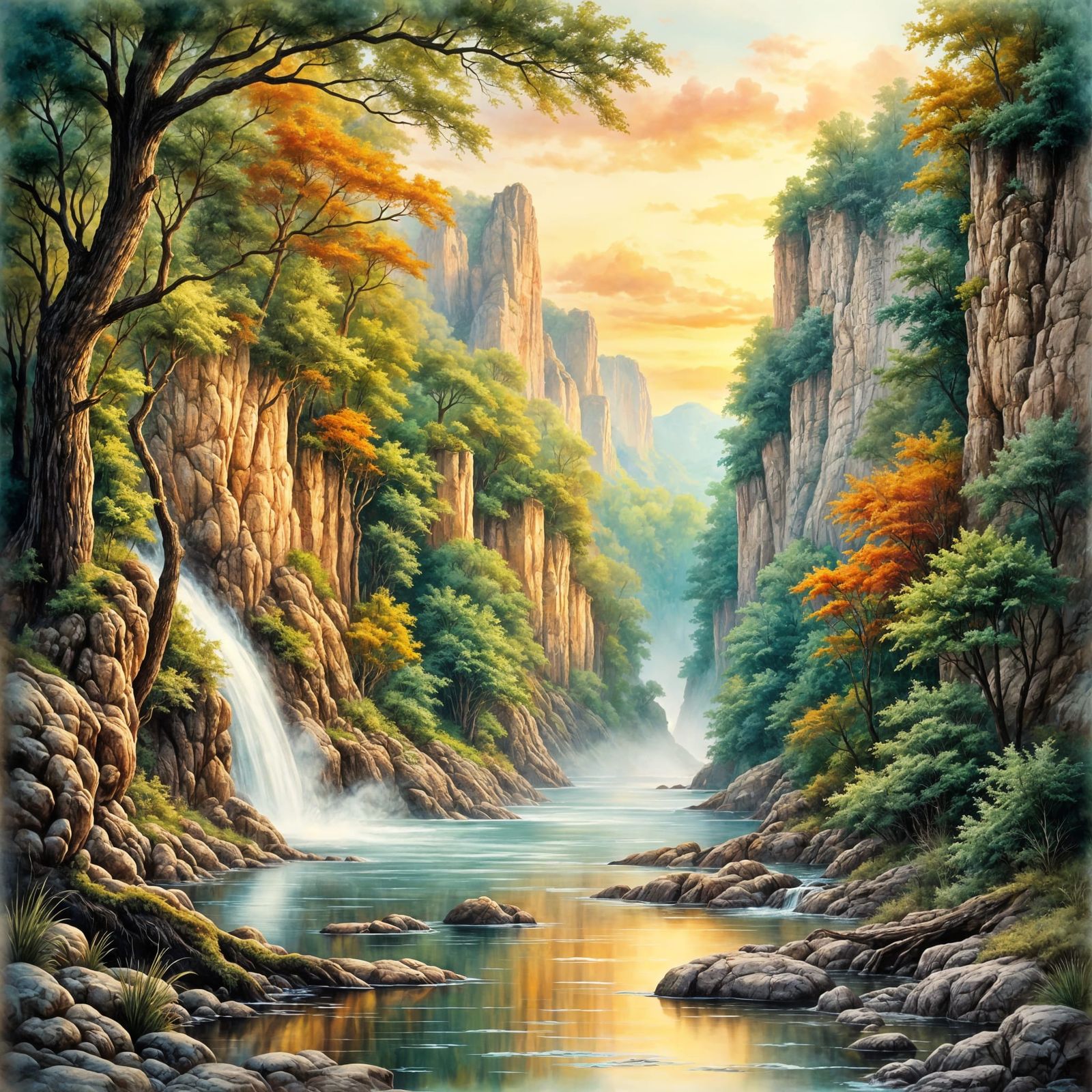 Lion's Den Gorge: Antique Watercolor at Golden Hour