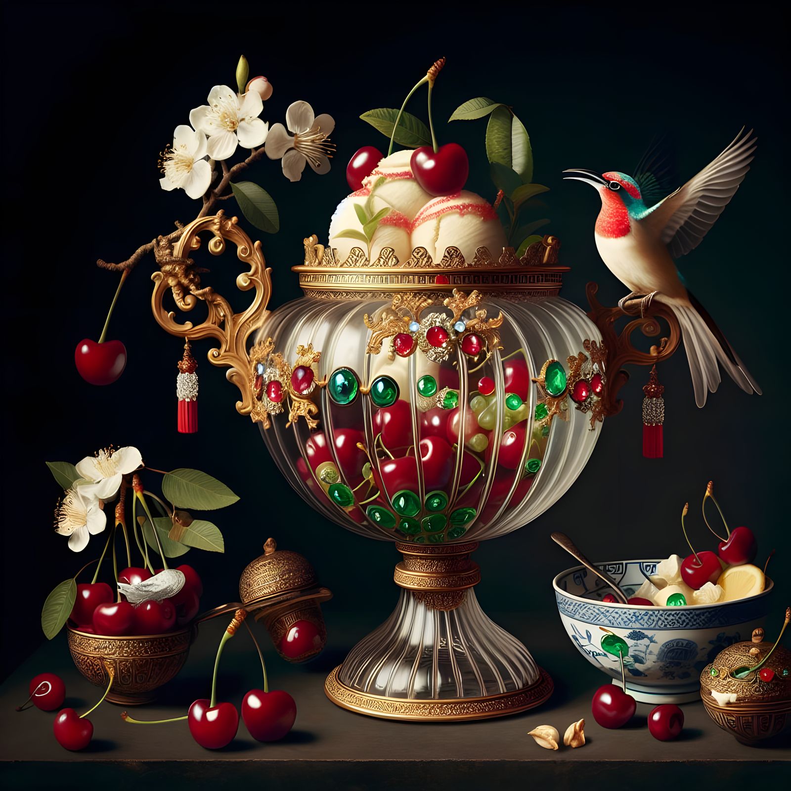 Still Life: Ice Cream, Cherries, Bird in Vase