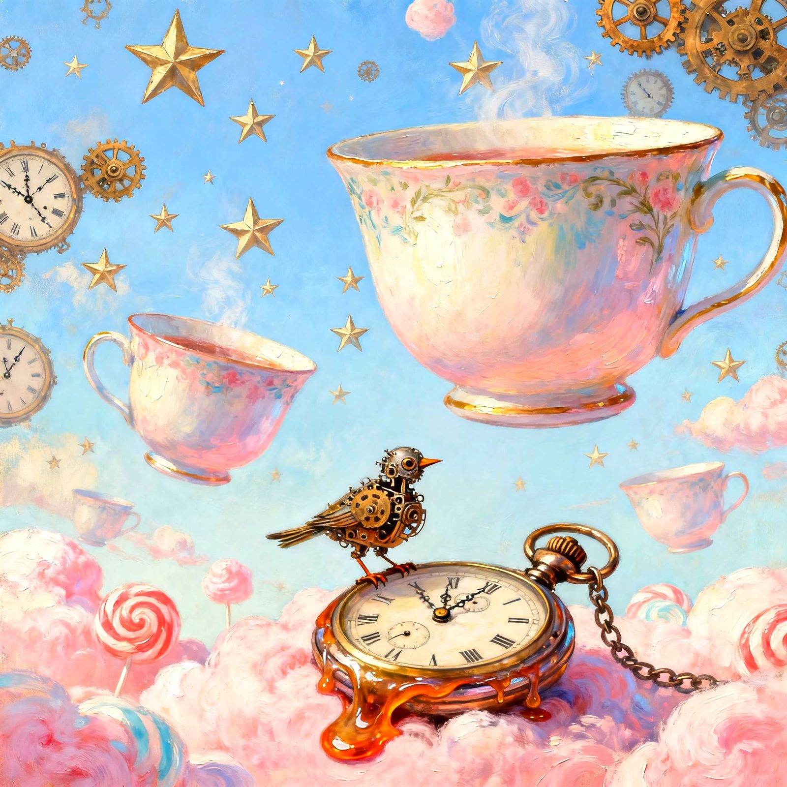 Surreal Dreamscape with Floating Teacups and Clockwork Stars