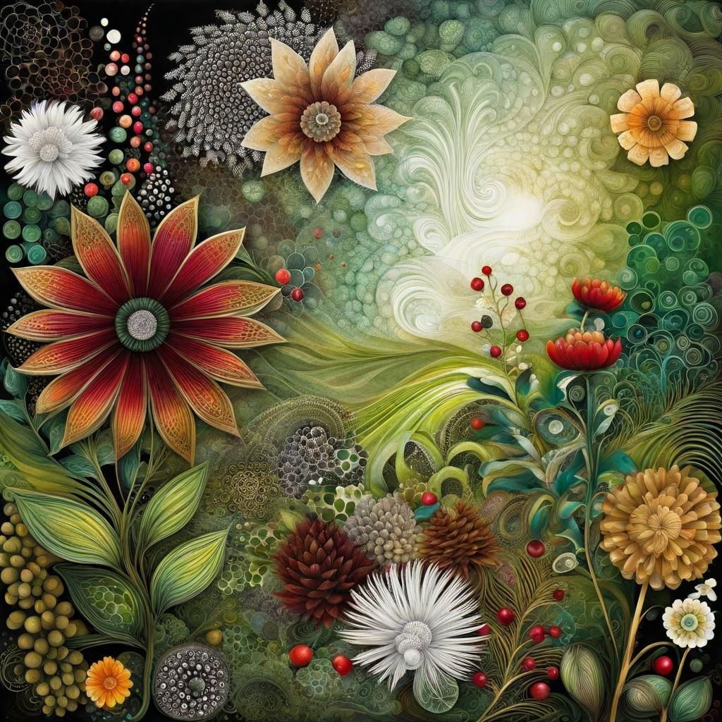 Surreal Garden with Abstract Details in Mixed Media