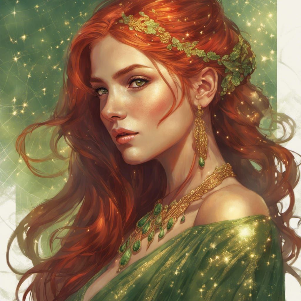 Red-Haired Woman with Green Eyes, Hyperdetailed Portrait