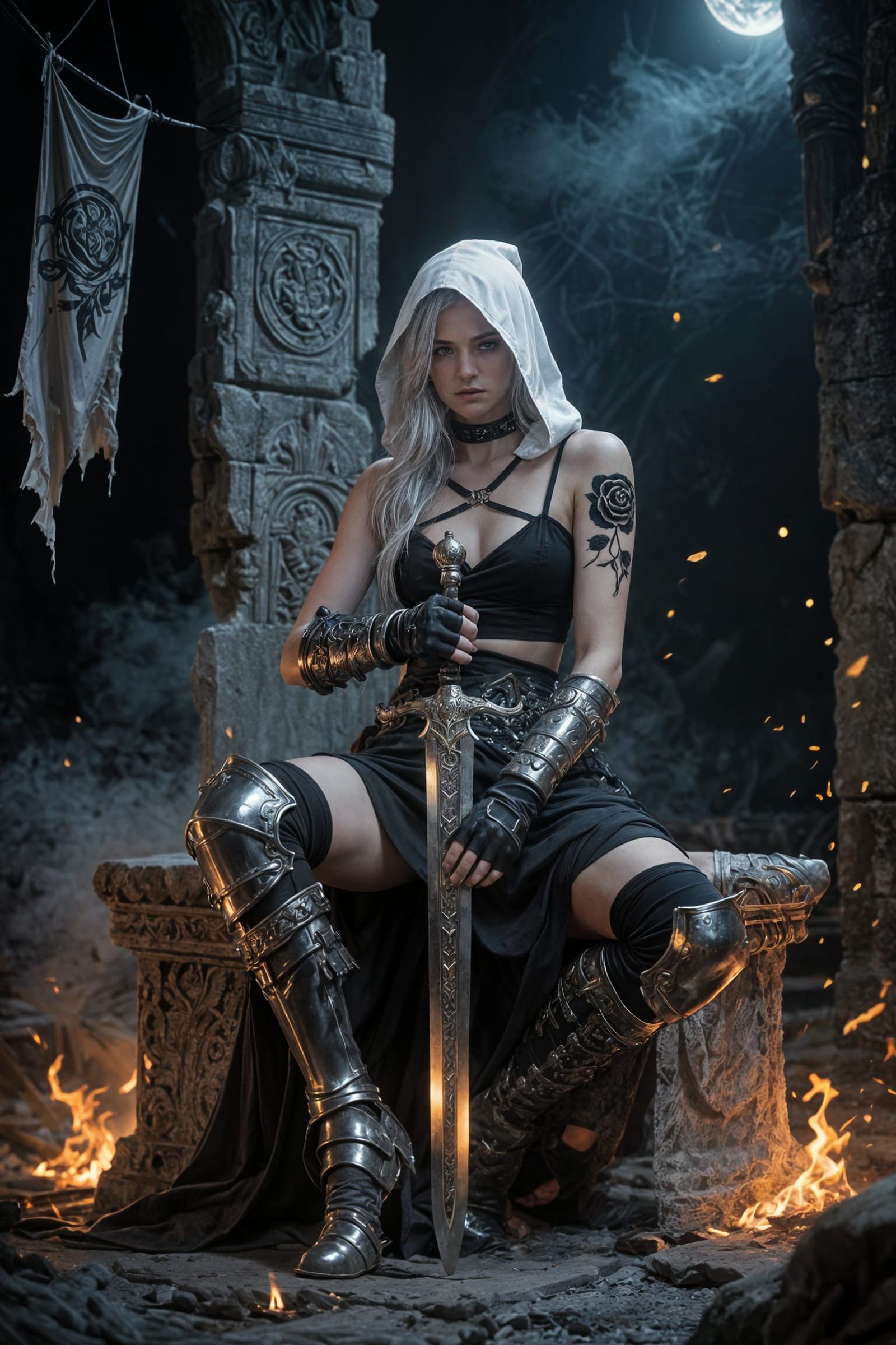 Silver-Haired Warrior Woman in Ruined Temple