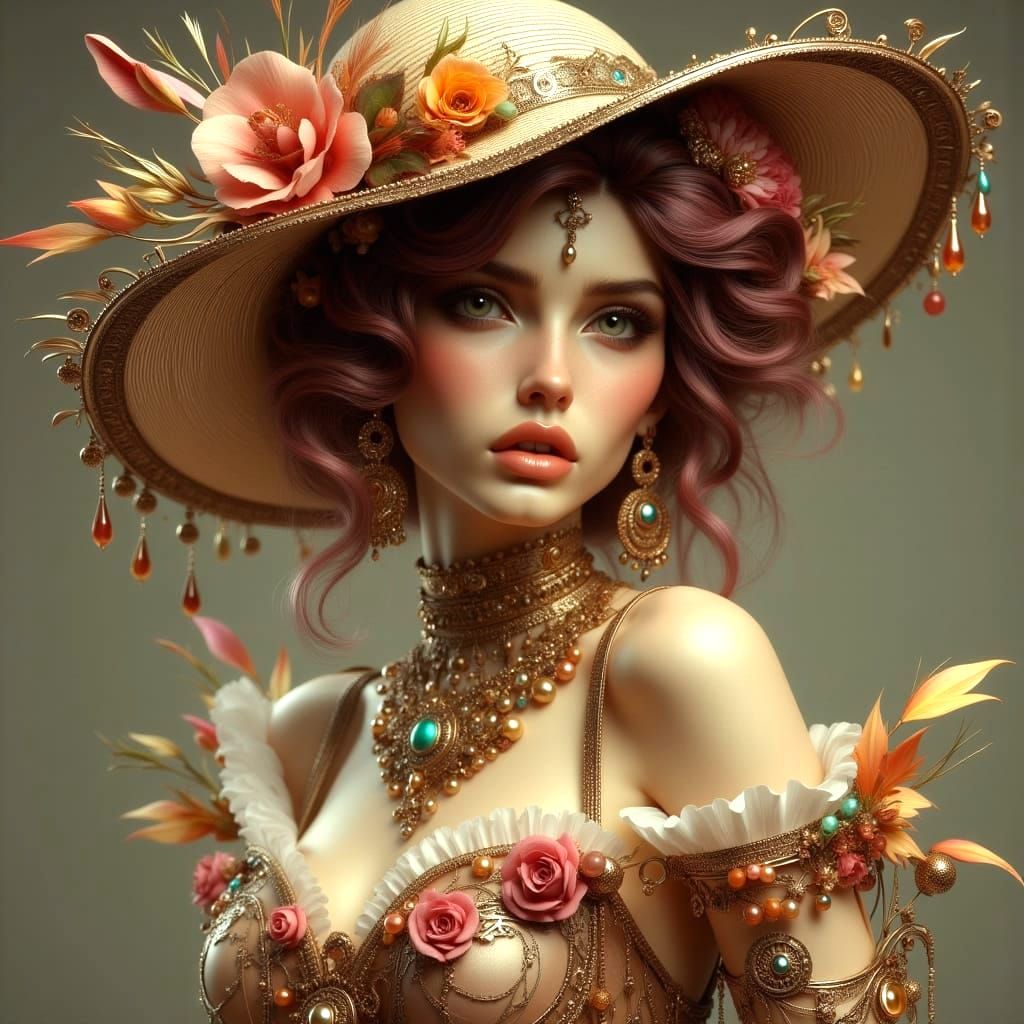 Glamorous Girls in Hats and Spectacles in Art Nouveau Punk S...