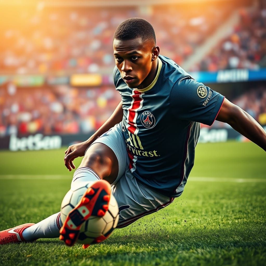 Kylian Mbappe in Epic Mid-Field Slide, Hyperrealistic Digita...