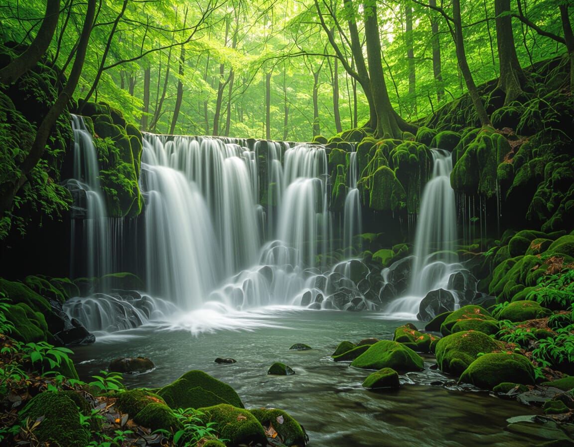 Majestic Waterfall in Lush Forest Landscape