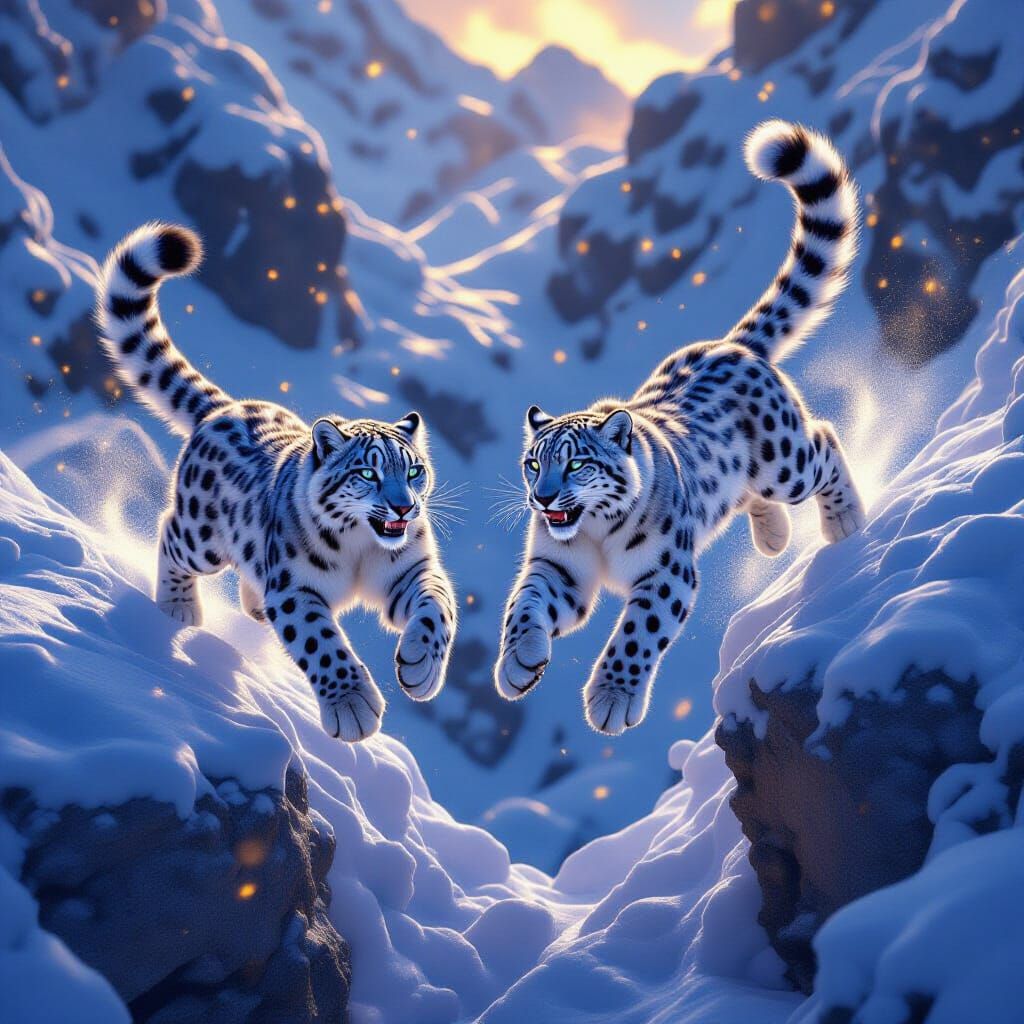 Snow Leopards Leap Across Ravine in Hyperreal Style