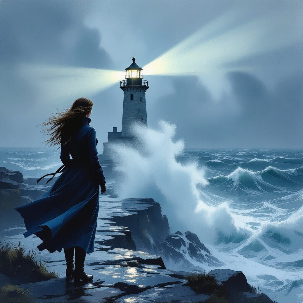 Lighthouse Keeper Gazes at Stormy Seas in Dramatic Style